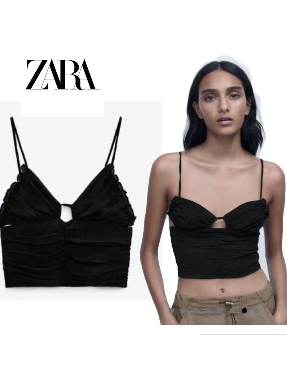 Zara Black Ruched Cut Out Crop Top Camisole sweetheart neckline strappy M NWOT
